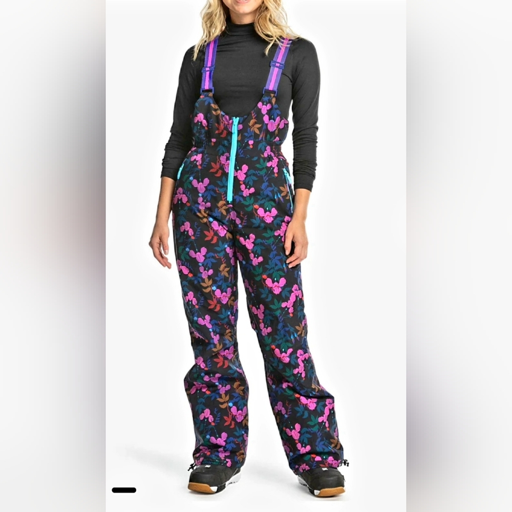 RARE Roxy x Rowley Floral Print Snow Ski Bib Pants in Black with Accents Sz L